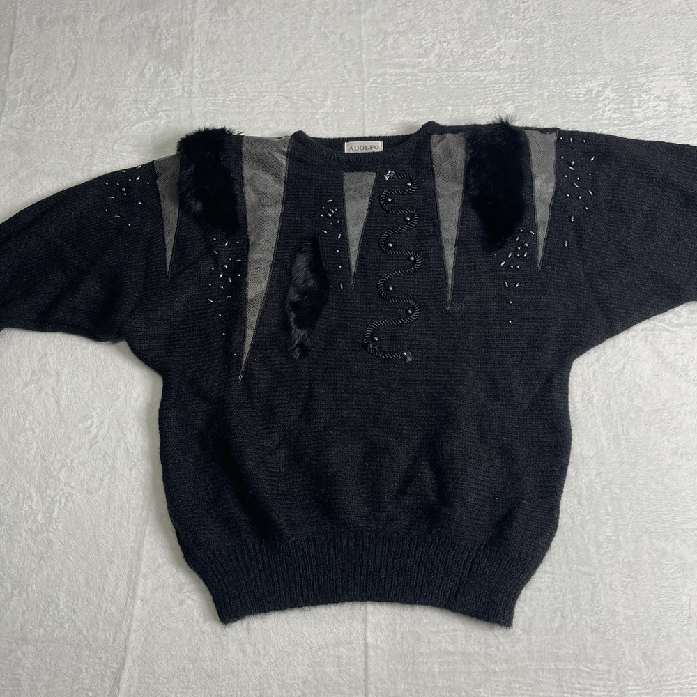 AFOLFO Collectibles Vintage Sweater Sz Large 100% Mohair Beaded  80s 90s Black